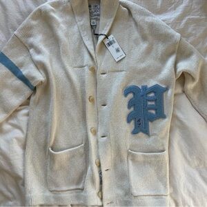 Polo Ralph Lauren Cream Linen varsity  Cardigan with Sky Blue Accents NWT Men L
